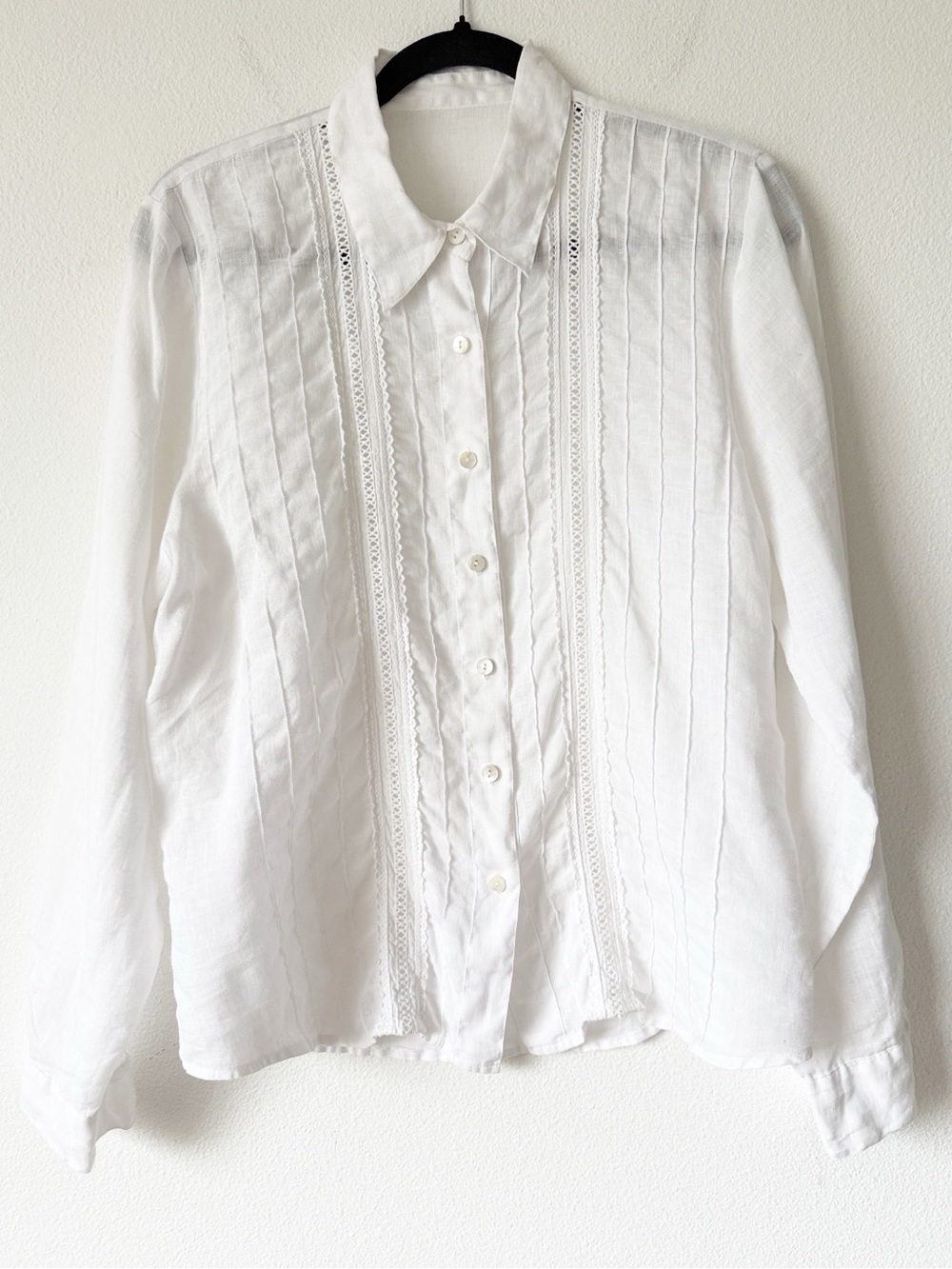White Pintuck Lace Button-Up Blouse Linen